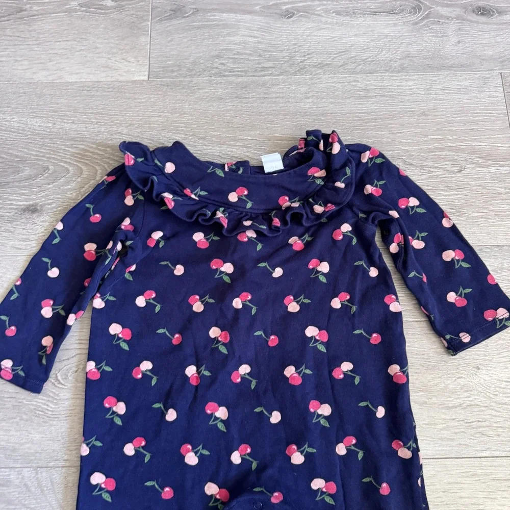 Janie and Jack Girls Navy Blue Cherry Print Ruffle Romper 18-24 Months